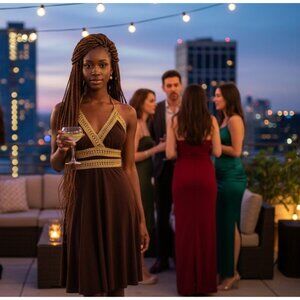 Vintage Eliza J. New York Brown & Gold Halter Dress With Crochet Detailing